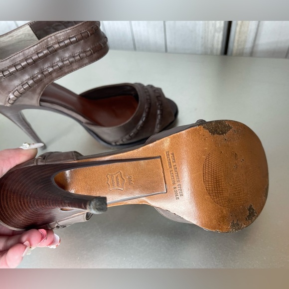 Leon Max Braided Leather Peep Toe Heels Distressed Brown Size 9 - Picture 5 of 5